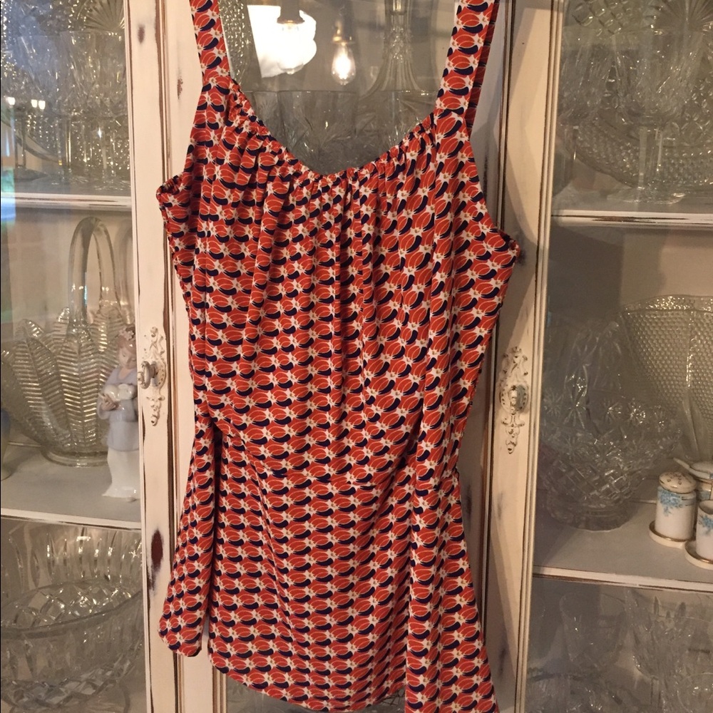 CAbi Adjustable Strap Tank Navy Orangey-Red Print